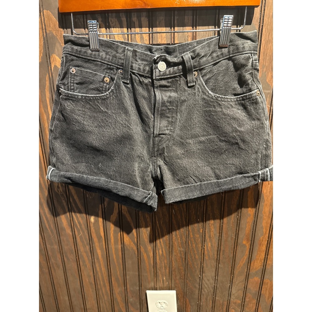 Levis 501 High Rise Denim Shorts Washed Black Cuffed Button Fly Cut Offs